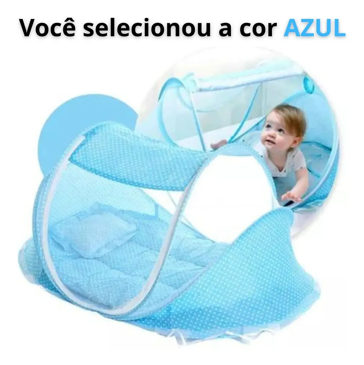Cama Bebe Portátil Prático Fácil Montagem Berço Colchão Cor Azul