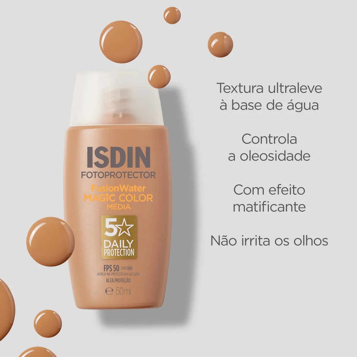 ISDIN Protetor Solar Facial Fusion Water Magic Color FPS 50 - Cor Média - 50ml
