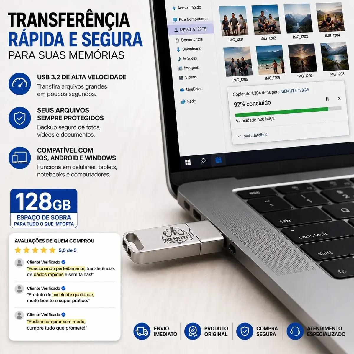 Pendrive 128gb 2 Em 1 Usb 3.0 + Tipo-c Celular E Pc Cor 128g