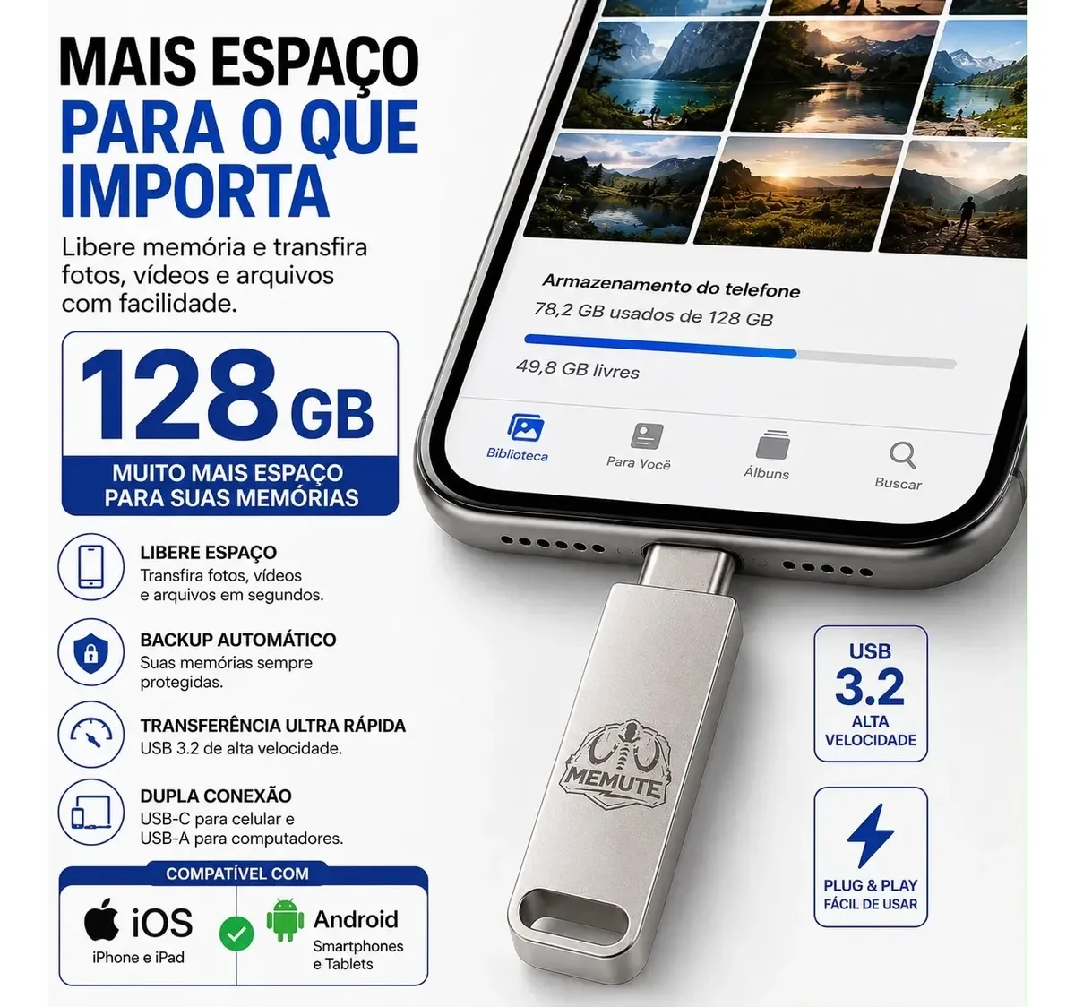 Pendrive 128gb 2 Em 1 Usb 3.0 + Tipo-c Celular E Pc Cor 128g