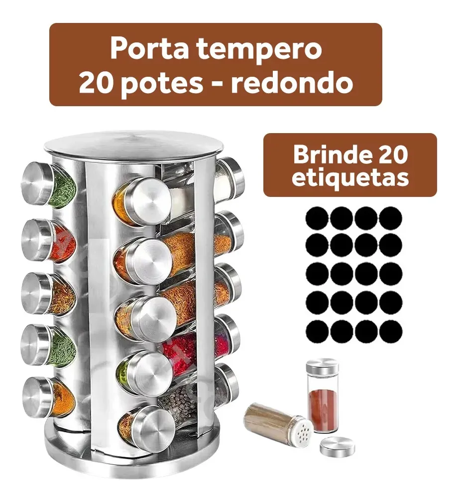 Porta Tempero 20 Potes Giratorio Inox Redondo + Etiquetas Inox