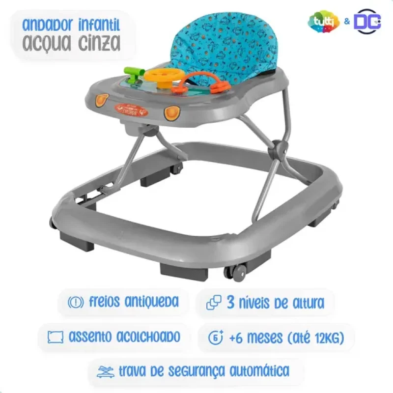 Andador Infantil Menino Musical Bebê Até 12kg Com 3 Níveis De Altura Joy Cinza Marca Dc