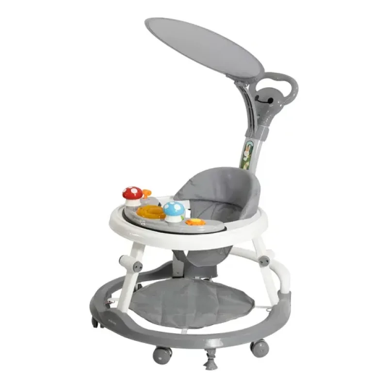 Andador Infantil Para Bebê Com Capota Brinquedo Musical Cinza - KaBaby