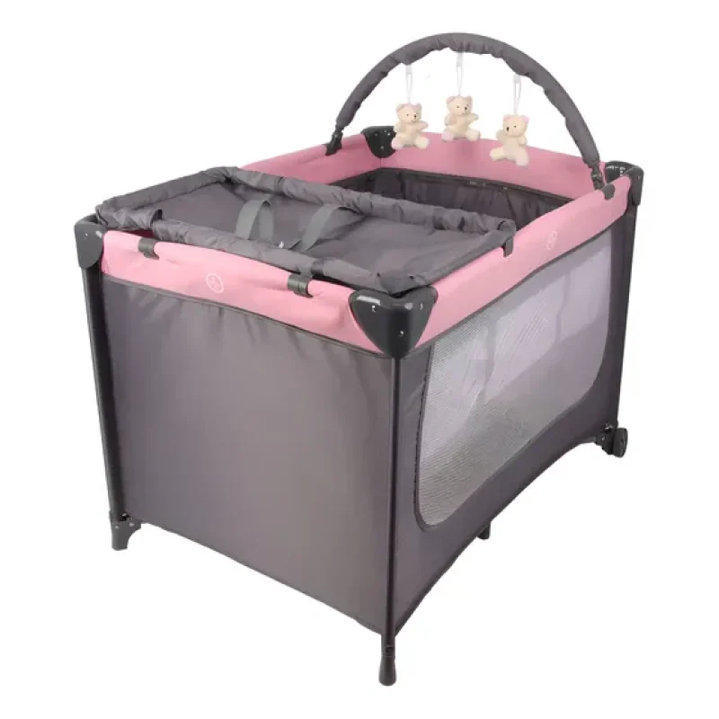 Berço Cercado Portátil Desmontável Para Bebê Rosa 2 Alturas Com Mosquiteiro Trocador Bolsa Travas De Segurança