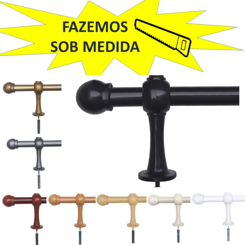 CONJUNTO varão para cortina 1,00m 19mm fino em aço ferro com ponteira e suporte janela qua...