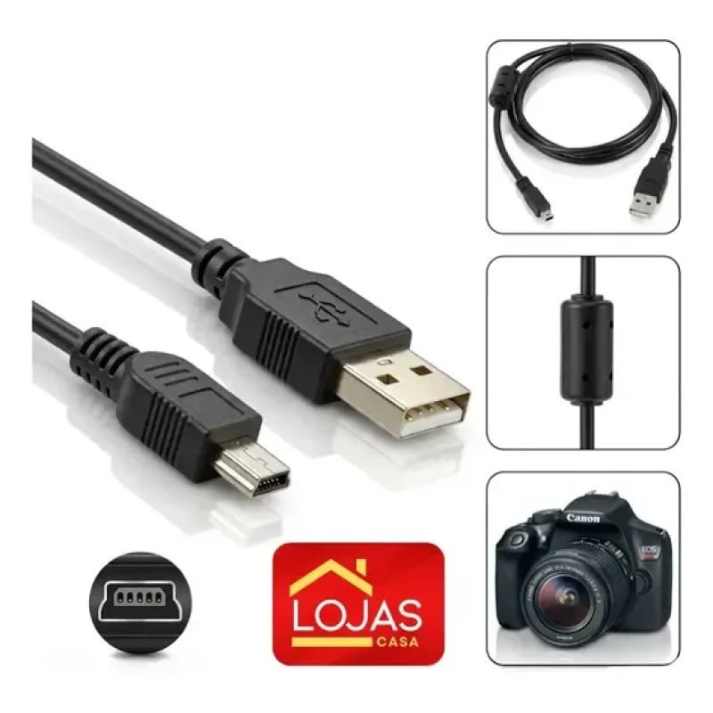 Cabo Mini Usb Para Câmera Canon Rebel T3 T5 T6 T7 Eos 1,5m Preto