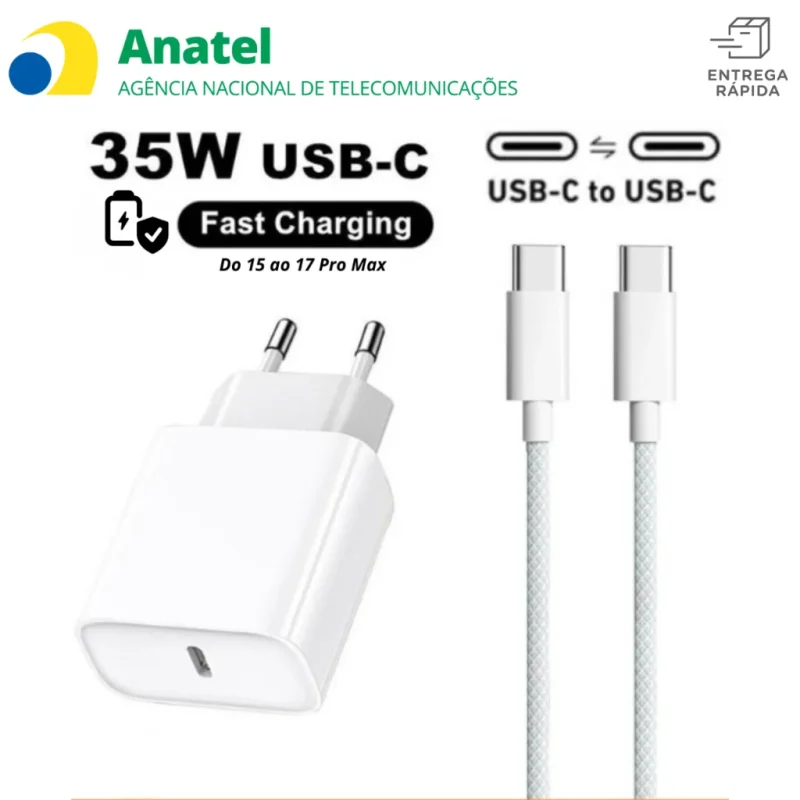 Carregador 35W iPhone 15 Pro Max Turbo Fonte USB-C + Cabo Tipo-C Tipo C de 1M Ou so cabo d...