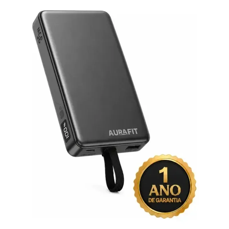 Carregador Aurafit Pb0101 Usb/usb-c Portátil Power Bank Turbo Pd 35w 10000mah Slim Com Cabo Carregamento Preto