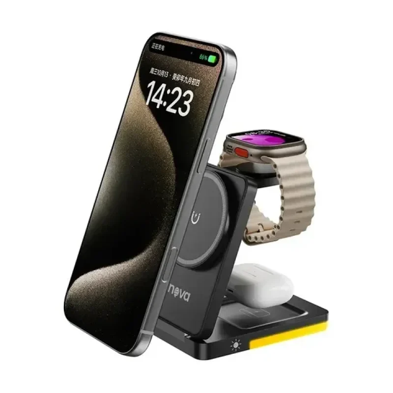Carregador Sem Fio Magnético 3 Em 1 De 15w Inova Dobrável E Portátil - Base De Estação Turbo Com Luz Led Para iPhone 12-17, Apple Watch E AirPods, Além De Samsung Galaxy