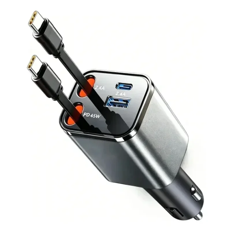 Carregador Turbo De Carro Retratil 4 Em 1 Com 2 Cabos Type-c