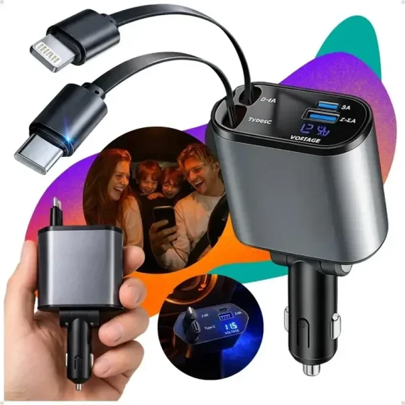 Carregador Veicular Automotivo Payid Com 2 Cabos Retrátil Para Carros Caminhão Carga Rápida 120w Tipo-c E Ios 2 Entradas Usb Super Fast Charge Turbo 4 Em 1 Original Compatível Com iPhone Samsung