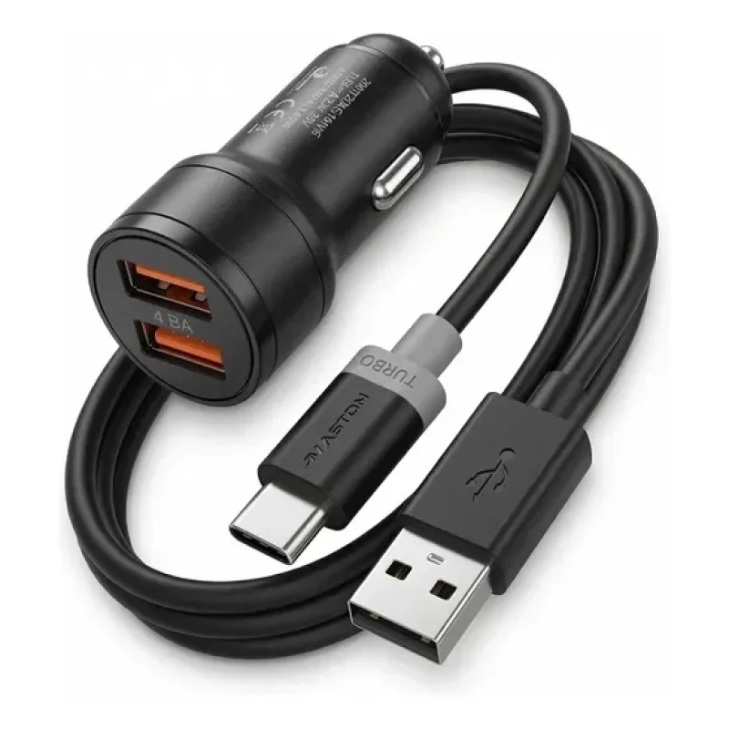 Carregador Veicular Turbo 2 Usb + Cabo De Carregamento Usb-c