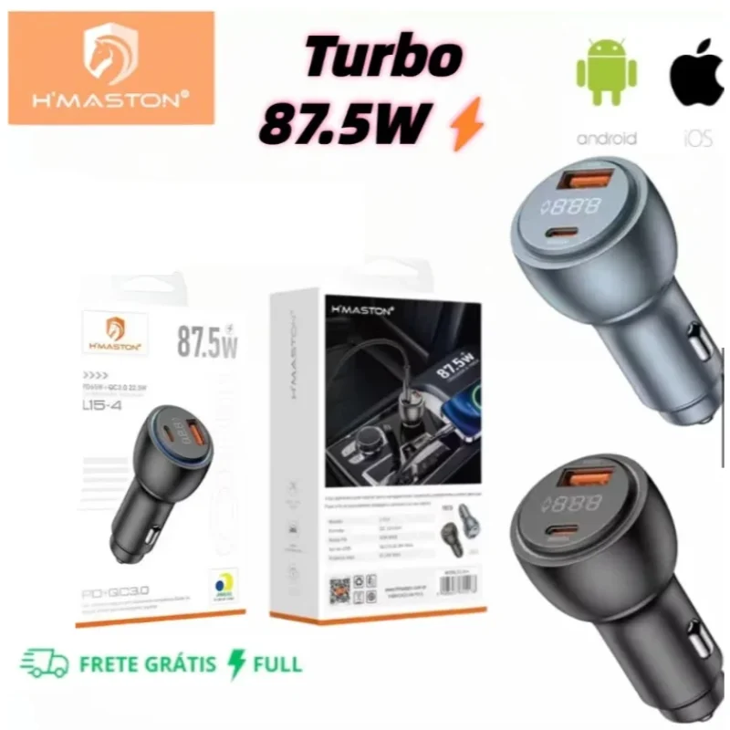 Carregador Veicular Turbo 87.5W USB e Tipo C Universal H'maston Original Novo Lançamento L...