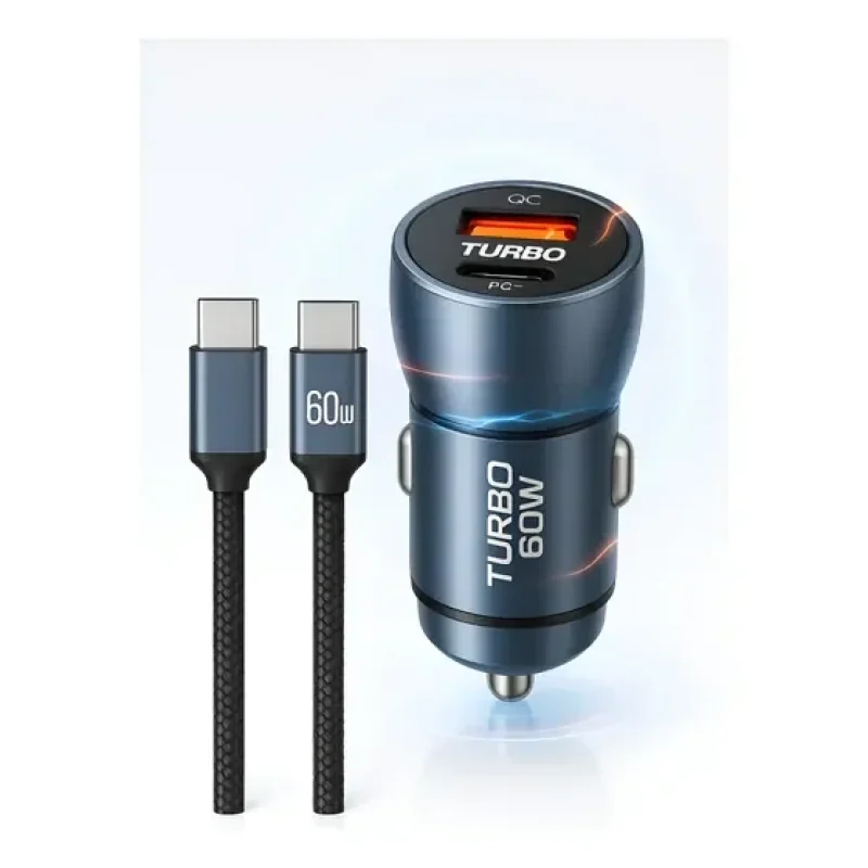 Carregador Veicular USB-C PD 60W Dupla Porta USB-A + USB-C com Cabo