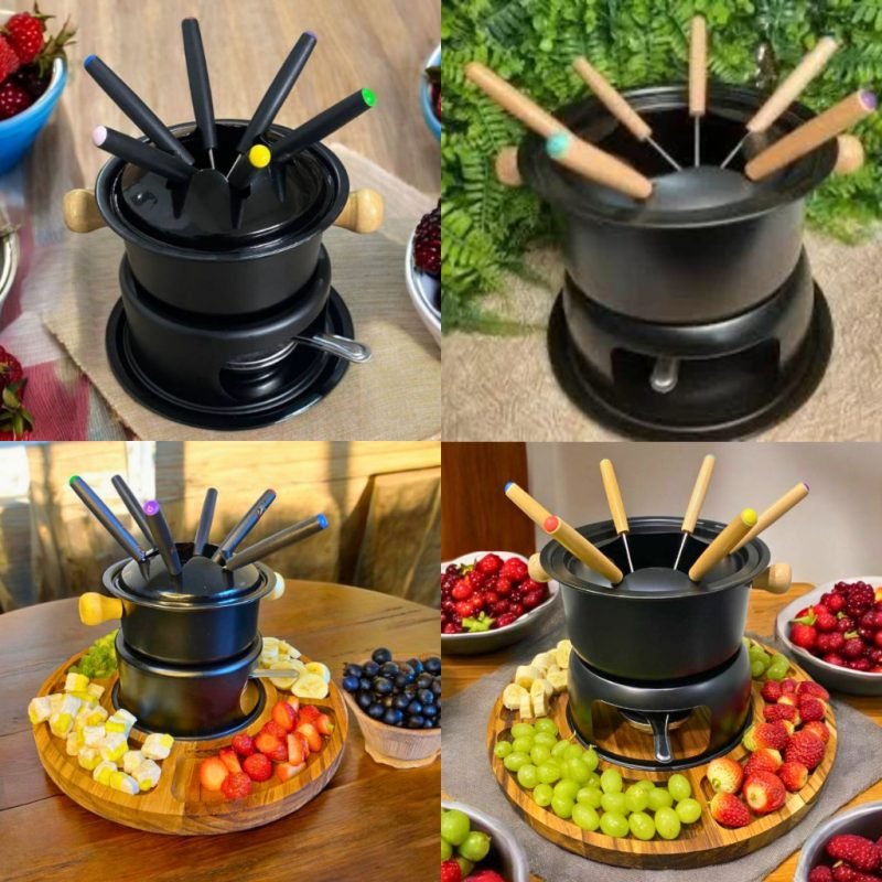 Conjunto Aparelho De Fondue Panela Carne Queijo Chocolate Serve 6 Pessoas Com Opção Madei...