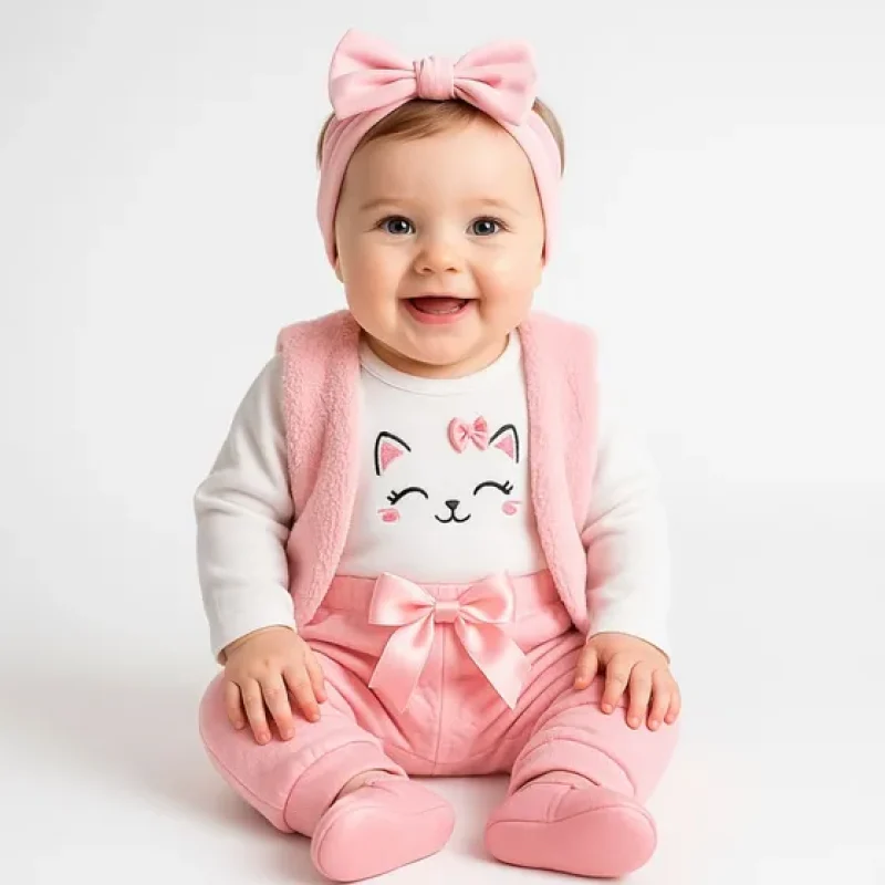 Conjunto Roupa De Bebê Menina Inverno Frio Outono Estação Cor Gatinha Estilosa Colete Tamanho M