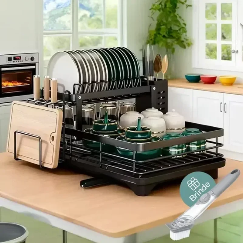 Escorredor De Louça Secador De Pratos Cozinha Aço Inox Preto 2 Andar Porta Talher Tigela E Copos Brielli Home