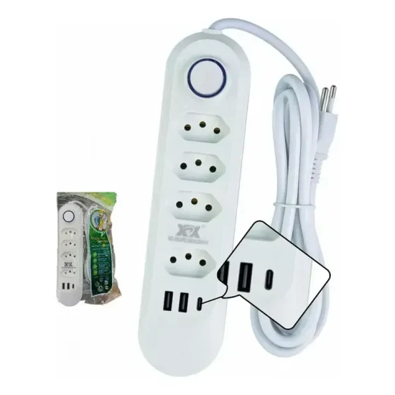 Extensão 2 Metros 4 Tomadas 3 Usb/2usb 10a Régua Energia