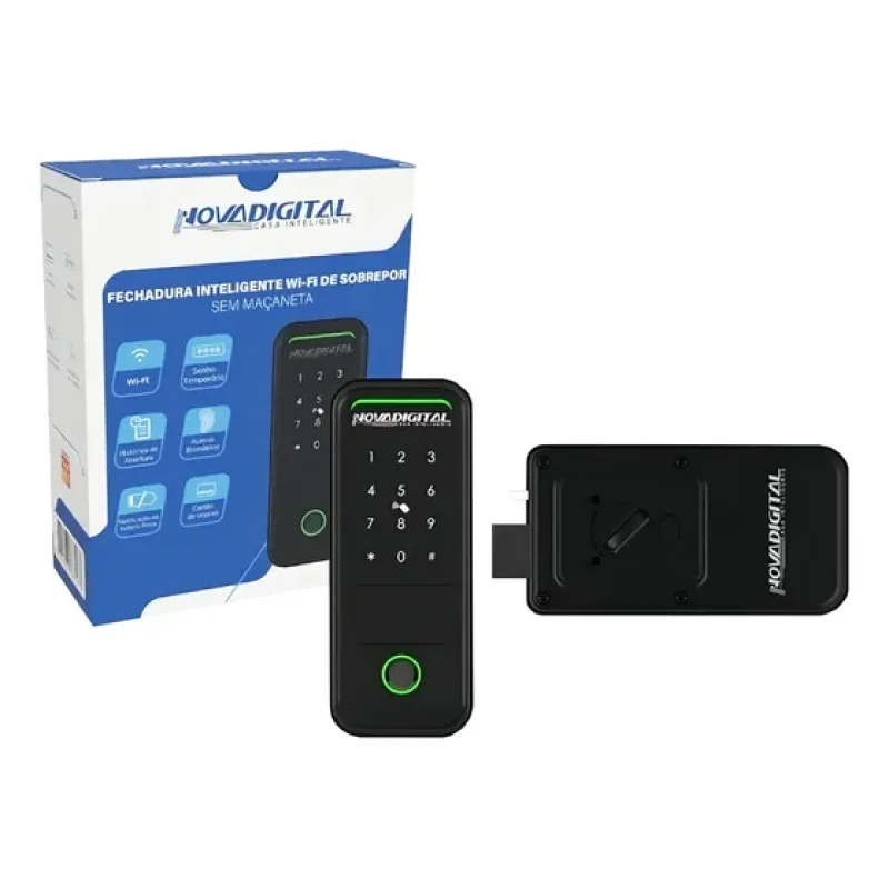Fechadura Inteligente Eletrônica Sobrepor Wifi Novadigital SM-07 Biometria Digital Senha Cartão Chave Sem Maçaneta Preta