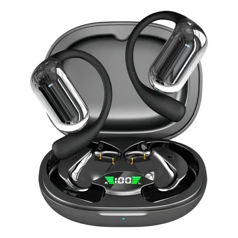 Fone De Ouvido Open-ear Bluetooth 5.3 Com Gancho E Display Led Preto