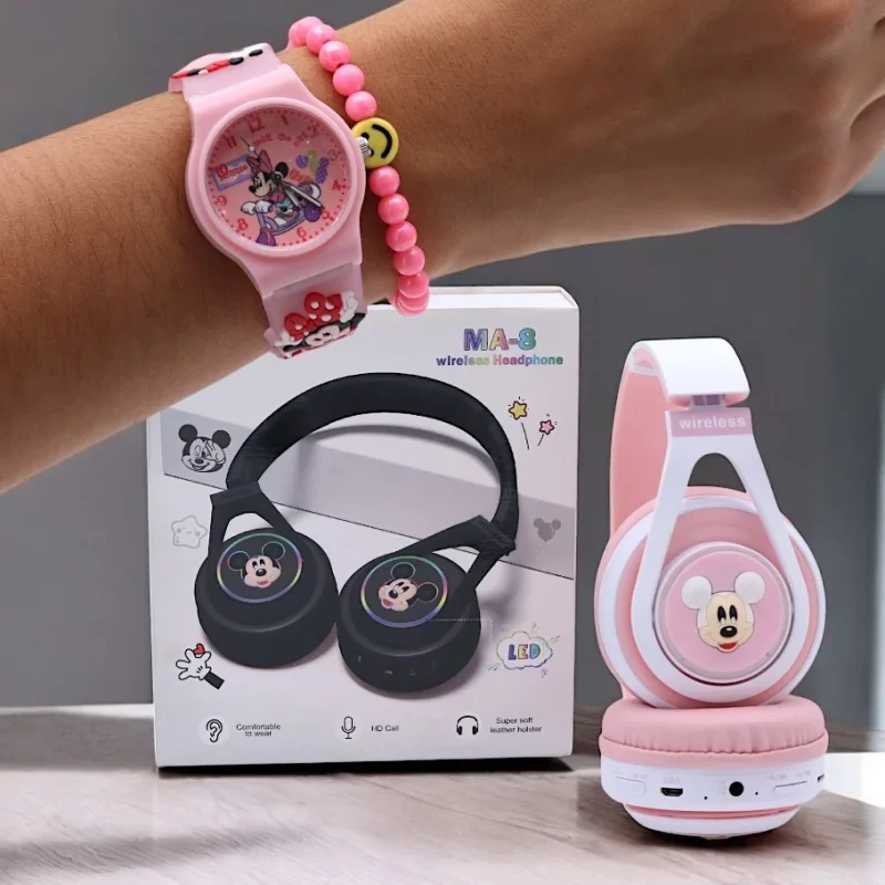 Fone de Ouvido Bluetooth Sem Fio M. Mouse + Relógio Infantil Analógico P/Crianças - Diver...