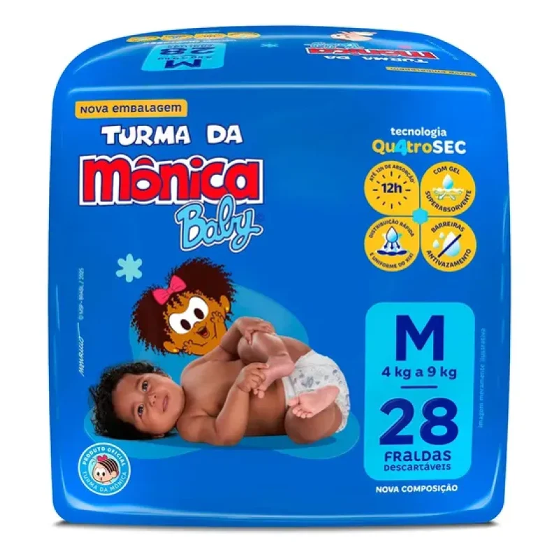 Fralda Descartável Baby Tamanho M Pacote Com 28 Unidades De 4 A 9kg Turma da Mônica