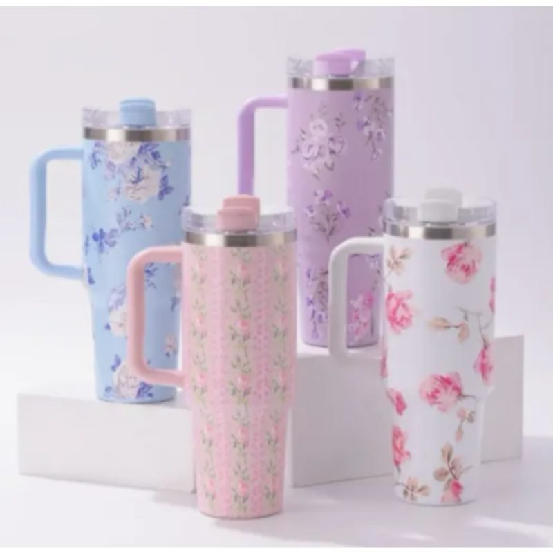 Garrafa 1200ml Térmica Estampa Floral Capinha Silicone Na Base + Tampa Para Canudo