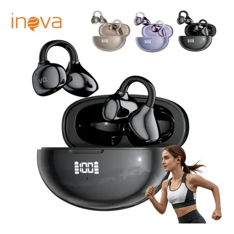 Inova Fone Ouvido Bluetooth sem fio clipe 80h Bateria com TWS,display digital de LED,Bluetooth V6.1 chip e ANC com para Corrida fone Academia fone Treino fone Esportivo fone Preto