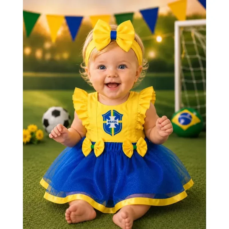 Jardineira Saia Infantil Roupa Bebe Body Copa Futebol Brasil