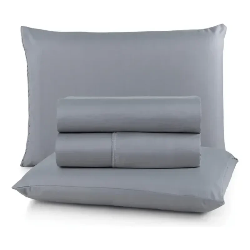 Jogo De Lençol Casal 400 Fios 4 Peças Conforto Premium Cama Cinza Liso