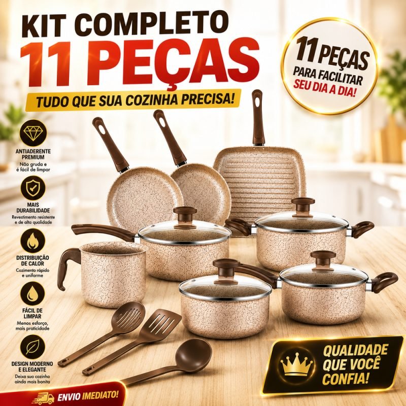 Jogo de Panelas Antiaderente Peças - Com Tampas de Vidro e Utensílios, Cabos Térmicos