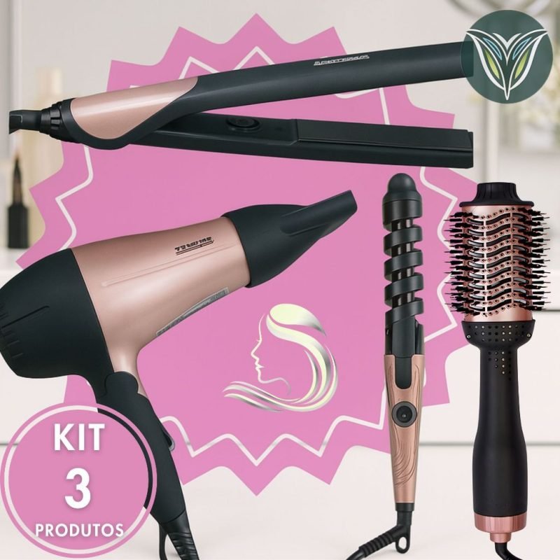KIT 3 Escova Secadora + Secador de Cabelo Portátil + Modelador de Cachos + Chapinha Profis...