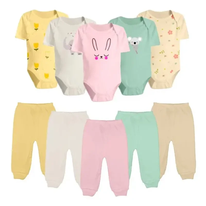 Kit 10 Bebê Body Manga Curta Estampado E Mijão Algodão Cor Kit Menina Tamanho P