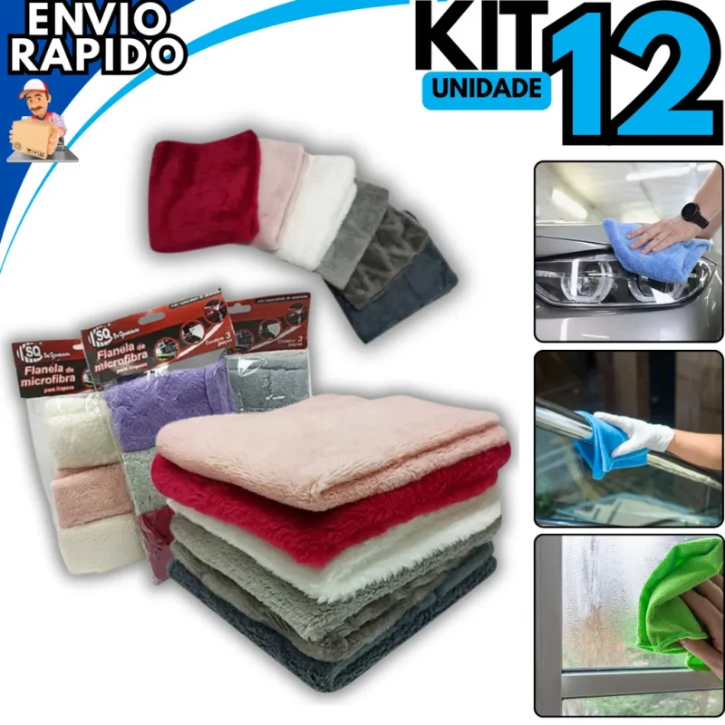 Kit 12 Pano Flanelas 30X30CM Toalha Microfibra Limpeza Carro Vidros Cozinha Limpeza Geral ...