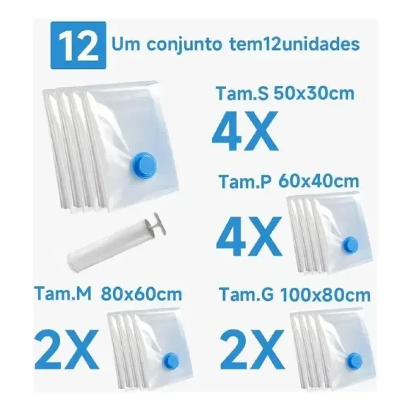 Kit 12 Sacos a Vácuo Viagem com Bomba Reutilizável Organizadores para Mala Roupa e Casaco