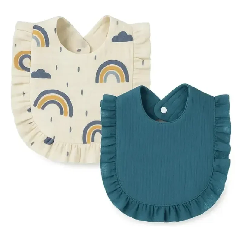 Kit 2 Babador Estampado Atoalhado Em Tecido Para Bebe Menina Azul Arco Íris