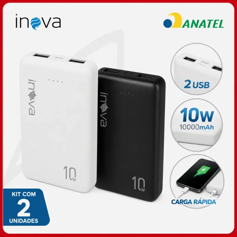 Kit 2 Carregadores Portáteis Power Bank Original Inova 10000mAh Universal