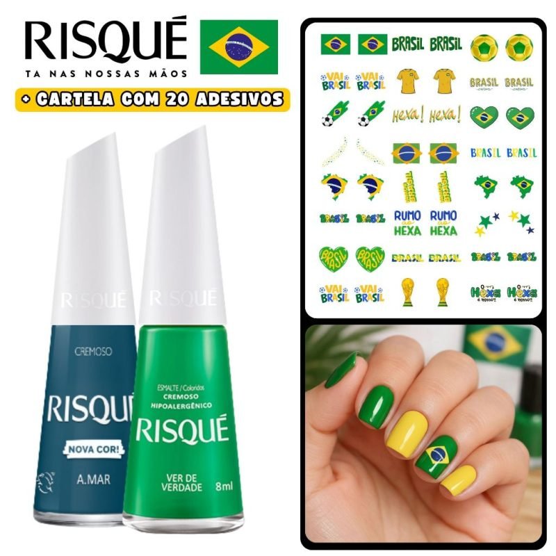 Kit 2 Esmaltes Risqué Azul e Verde + 20 Adesivos Brasil Copa 2026