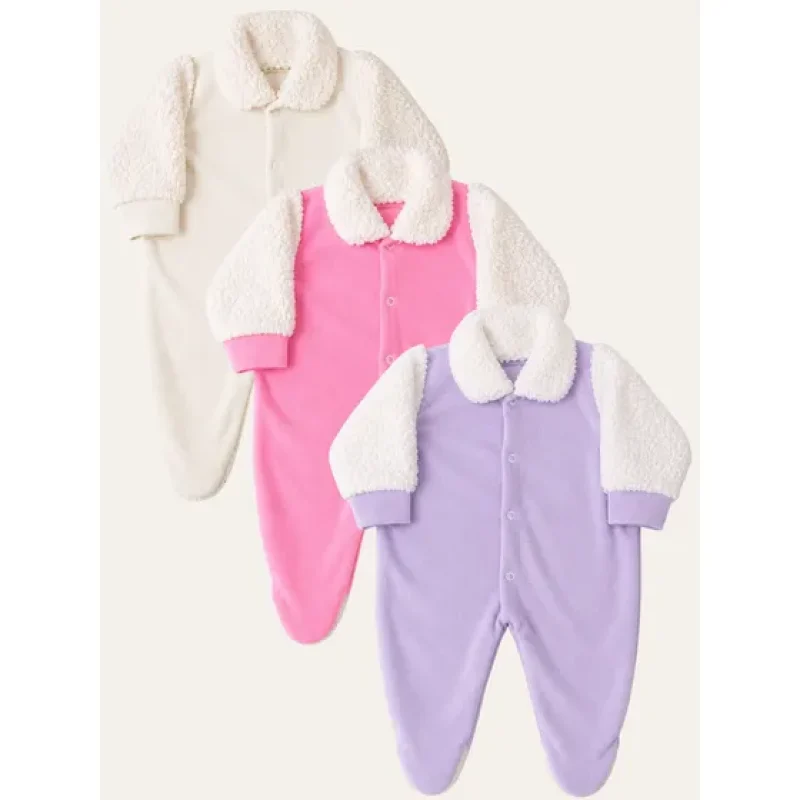 Kit 3 Macacão Bebe Plush - Manga Pele Carneiro Menina Menino