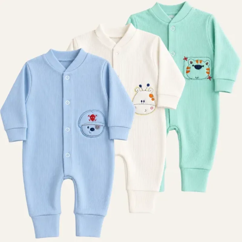 Kit 3 Macacão Canelado Bordado Para Bebê Menina Menino P - G