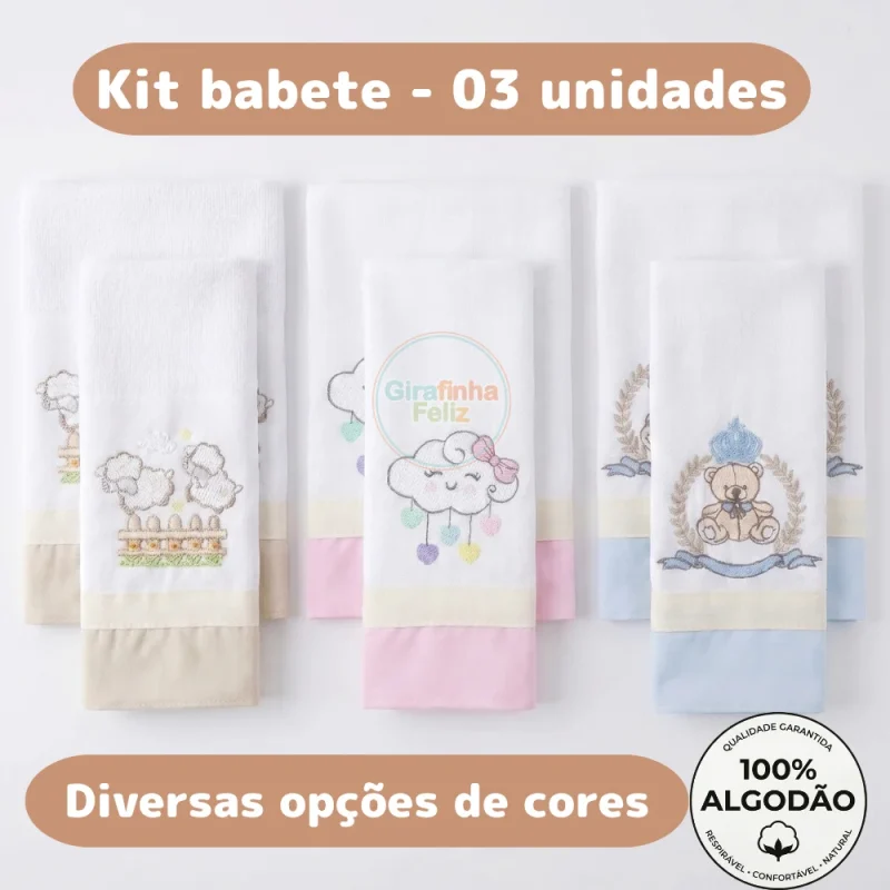 Kit 3 Panos de Boca Bebê Babita Bordada Luxo 100% Algodão Macio 33x33cm Menino Menina Pani...