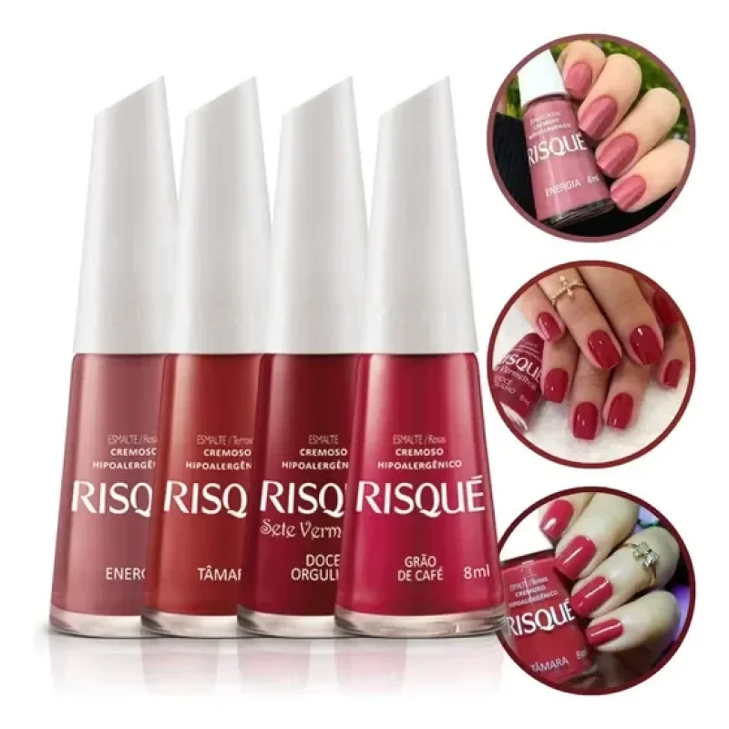 Kit 4 Esmaltes Vermelhos e Vinhos Risque Energia + Tâmara + Doce Orgulho + Grão Café 8ml