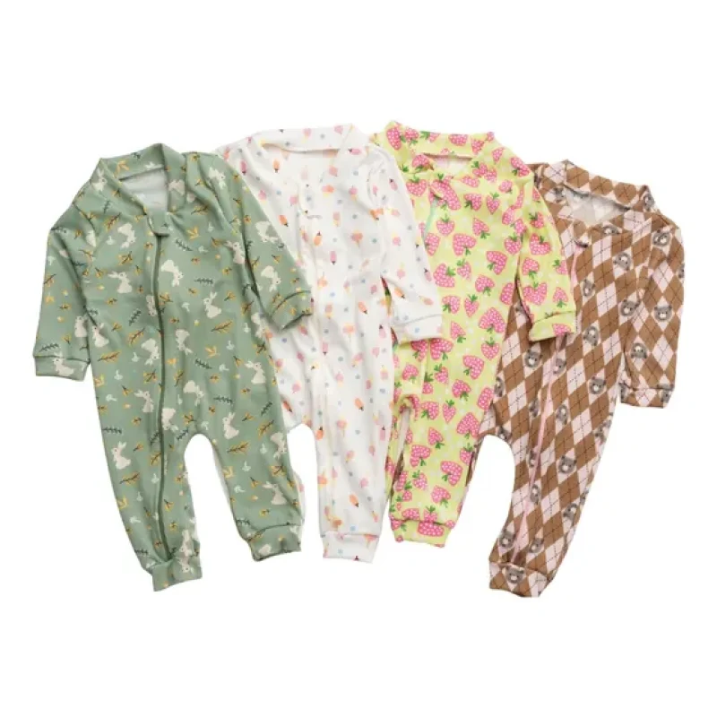 Kit 4 Macacão Canelado Estampado Bebê Zíper Menino E Menina