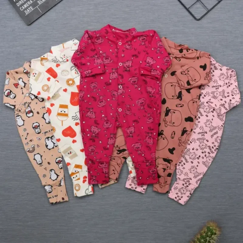 Kit 5 Macacão De Bebê Vira Pé Estampado - Menino E Menina