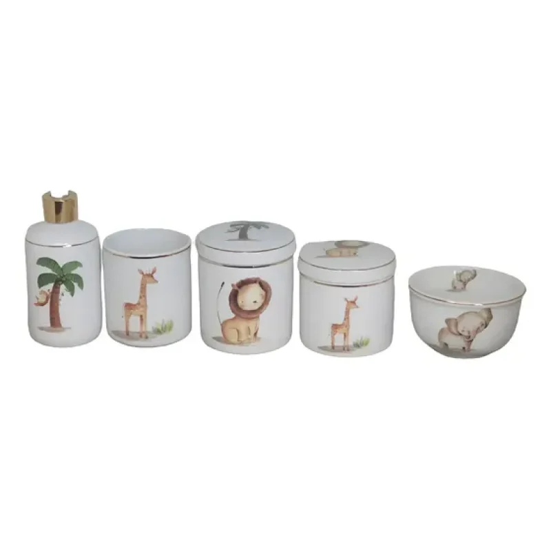 Kit 5 Peças Bebe Safari Higiene Porcelana Filete Ouro/prata