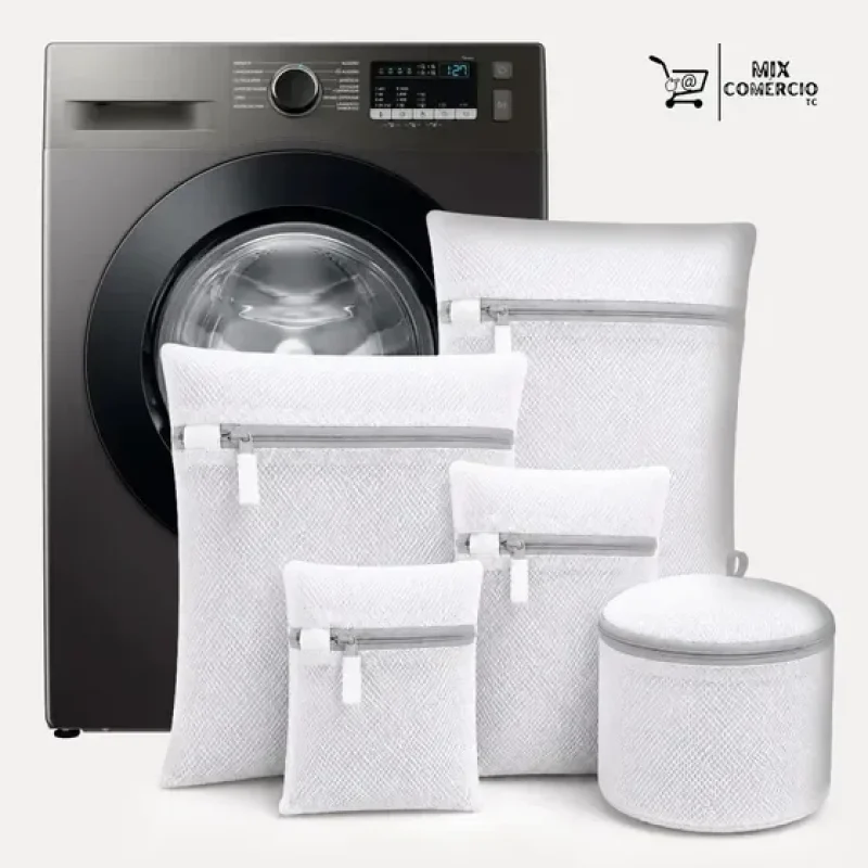 Kit 5 Sacos Rede Reforçado Para Maquina De Lavar Roupas Íntimas Lingerie Sutiã Bebê Malha Reutilizável Resistente Organizador De Roupa Protege Tecidos Evita Desgaste E Deformações