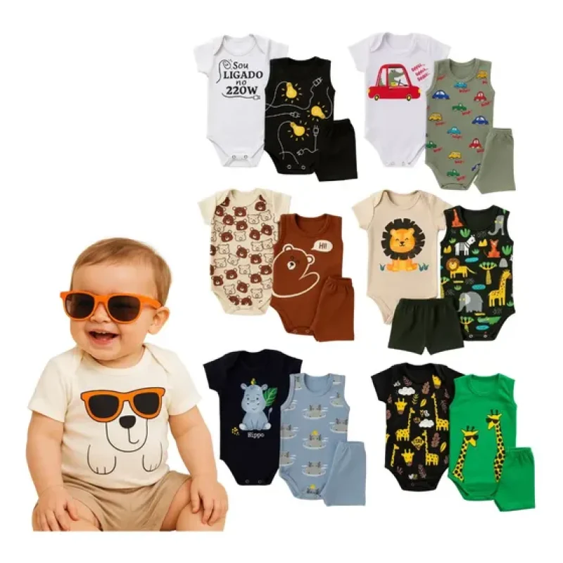 Kit 9 Peças Body Bebê Menino Verão Algodão Roupas Full