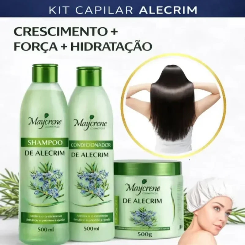 Kit Alecrim Crescimento Capilar Antiqueda Shampoo Condicionador Máscara + Touca