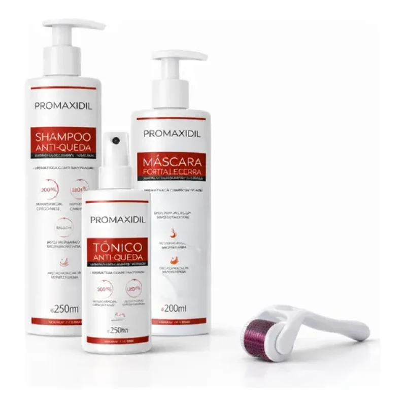 Kit Antiqueda Promaxidil Shampoo Máscara Tônico Dermaroller
