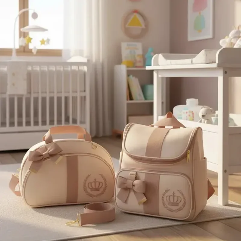 Kit Bolsa Maternidade Luxo 3 Peças Ursinho Bebê Cor Creme/rosé